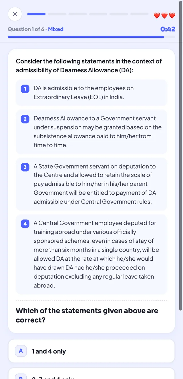 Improvam quiz screen — timed statement-based question in UPSC Prelims format