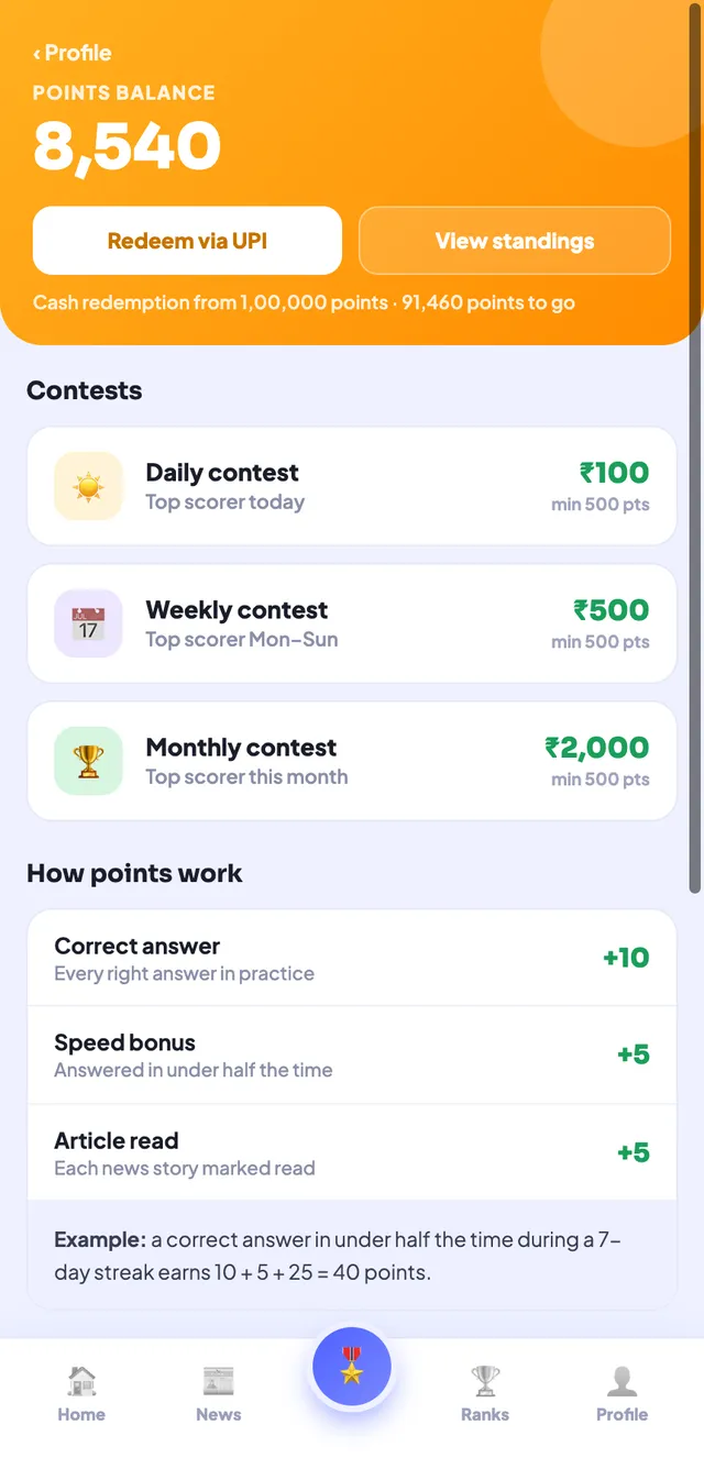 Improvam rewards screen — points balance, Amazon voucher contests and UPI redemption