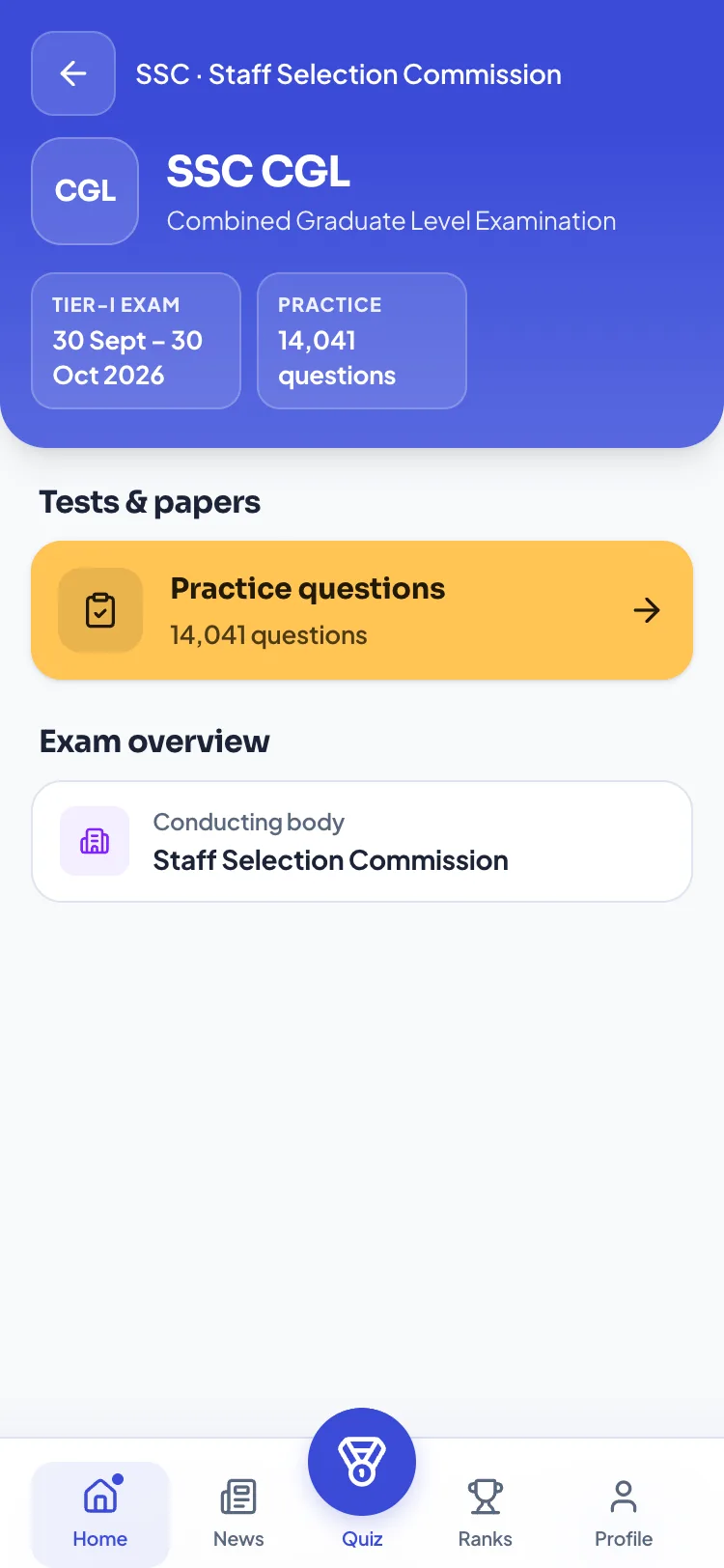 Improvam SSC CGL exam page showing the Tier-I exam dates, practice questions and the conducting body