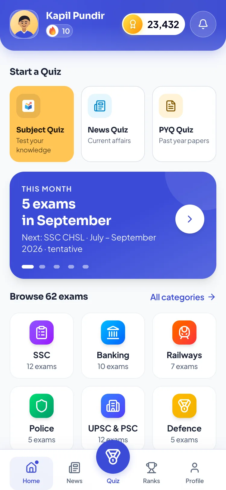 Improvam app home screen with Subject, News and PYQ quiz options, this month’s exams and exam categories to browse