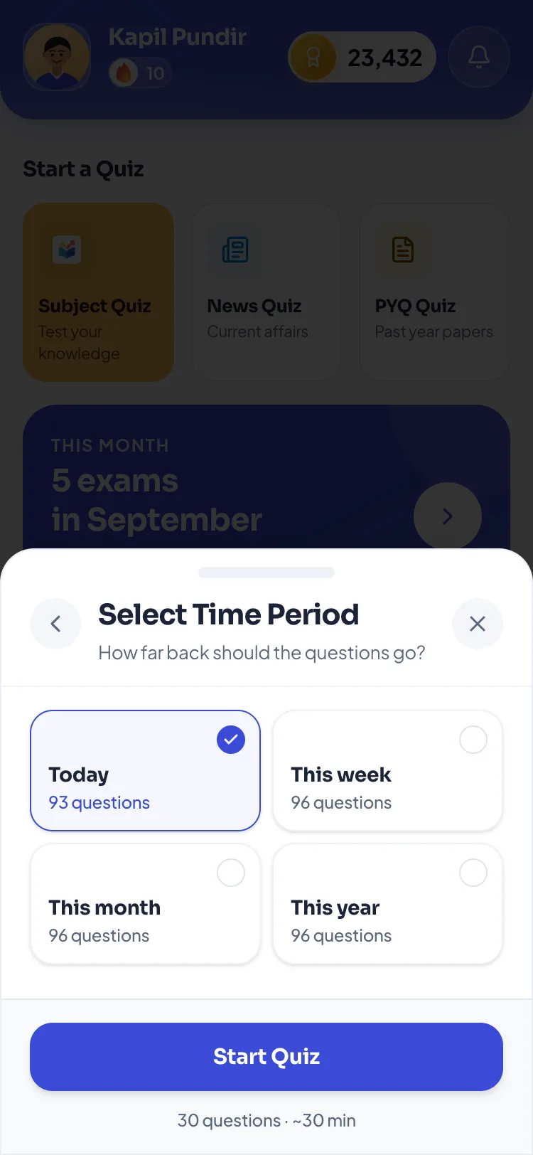 Improvam News Quiz Select Time Period sheet with Today, This week, This month and This year options and their question counts